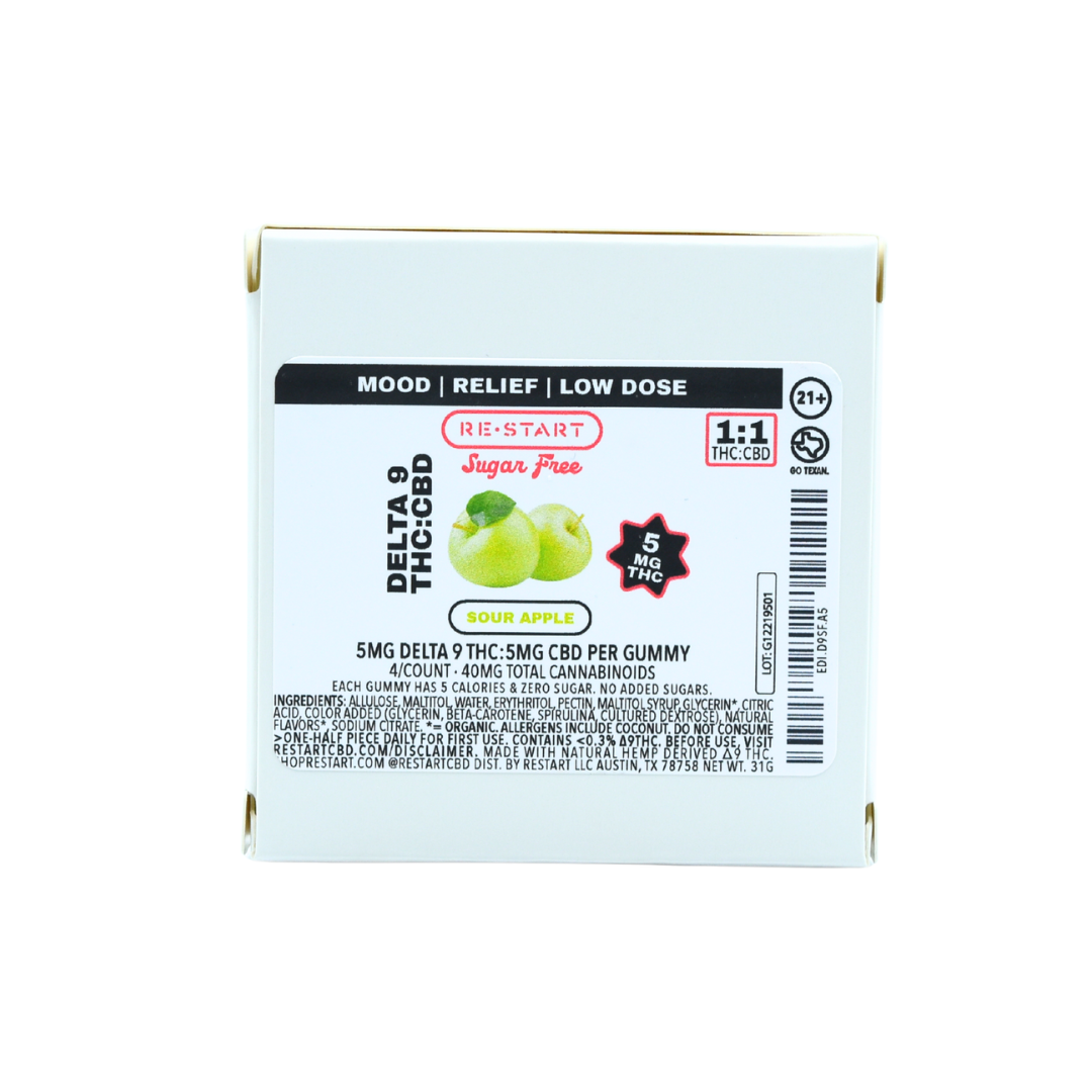 Sugar-Free Delta 9 5MG + CBD 5MG Gummies - Sour Green Apple 4/ct